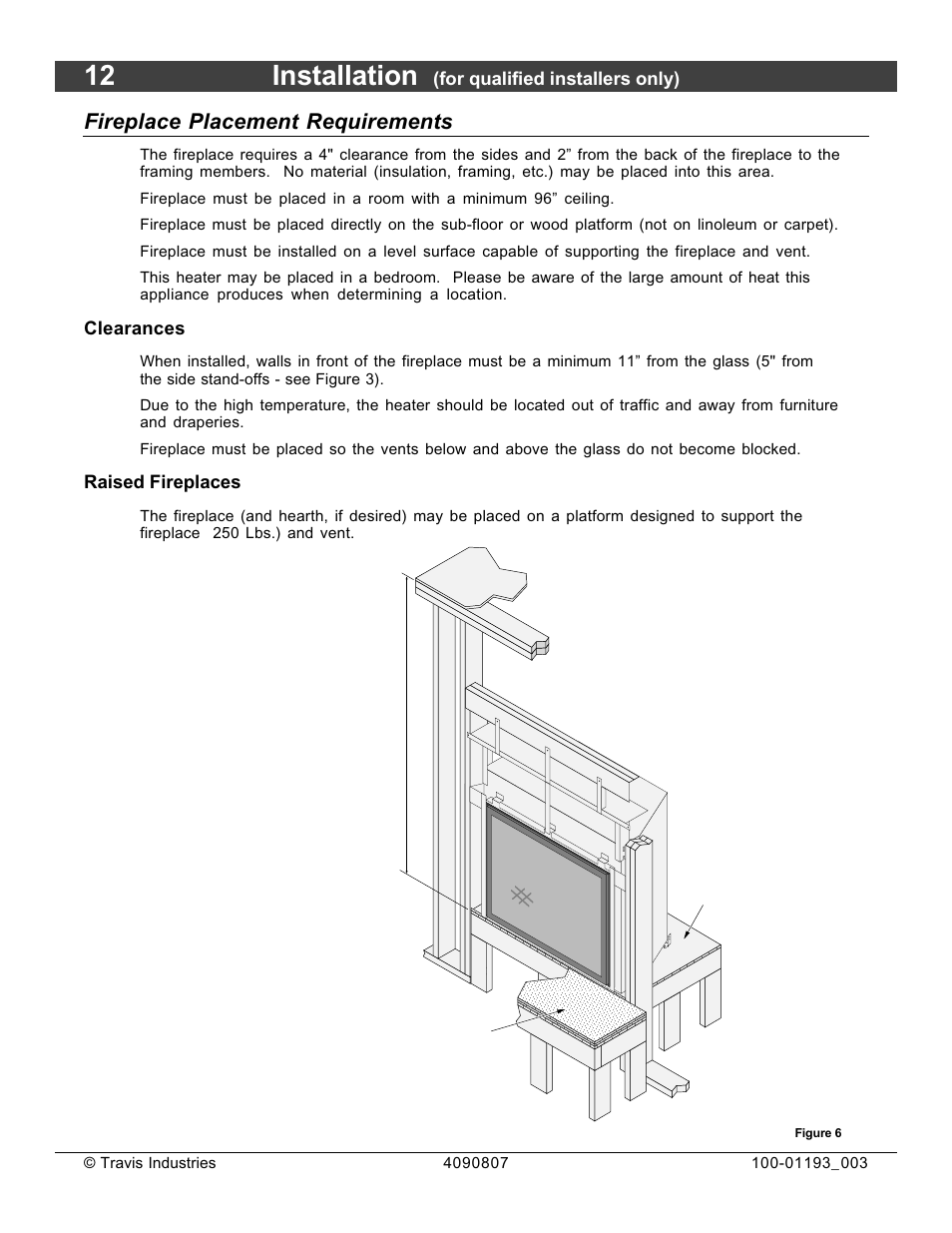 12 installation, Fireplace placement requirements | Avalon Firestyles 1080 CF Installation User Manual | Page 12 / 60