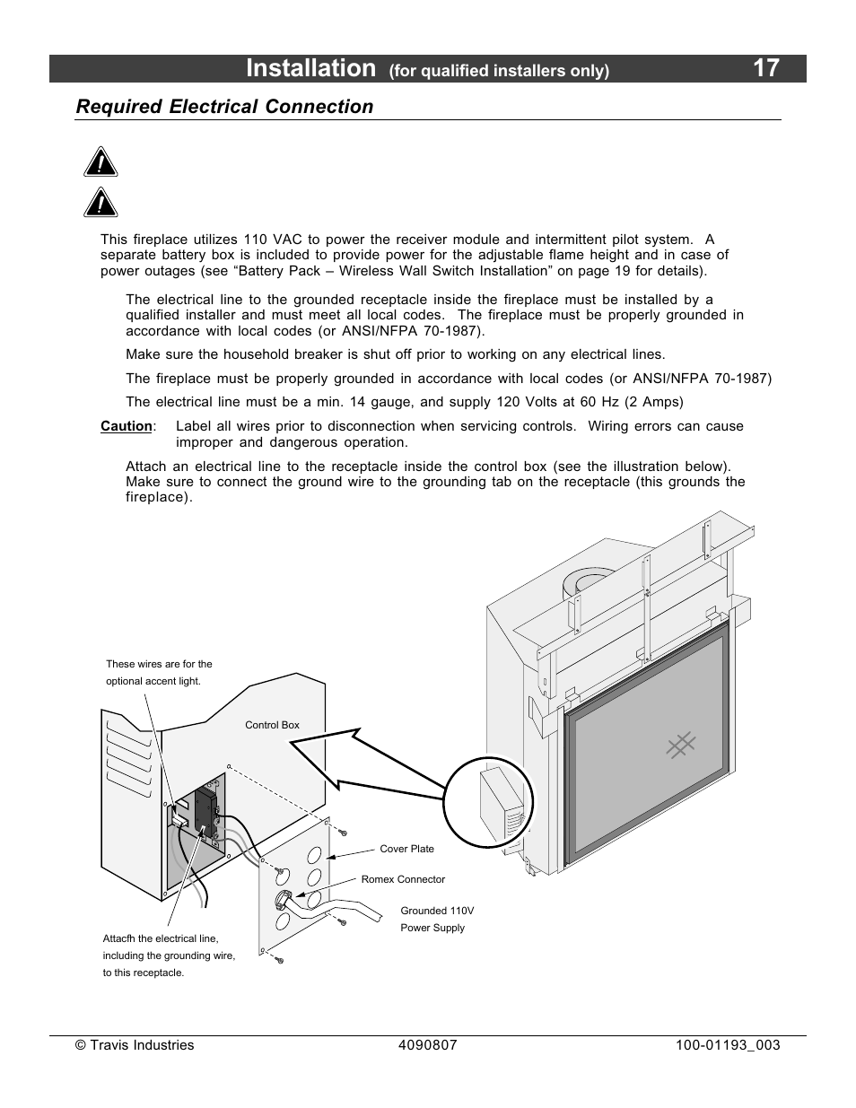 Installation, Required electrical connection | Avalon Firestyles 1080 CF Installation User Manual | Page 17 / 60