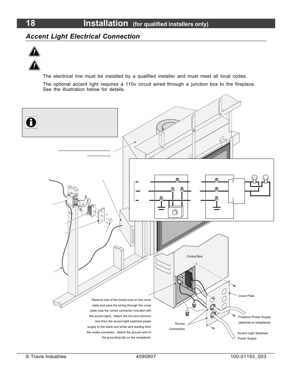 18 installation, Accent light electrical connection, Wiring schematic | For qualified installers only) | Avalon Firestyles 1080 CF Installation User Manual | Page 18 / 60