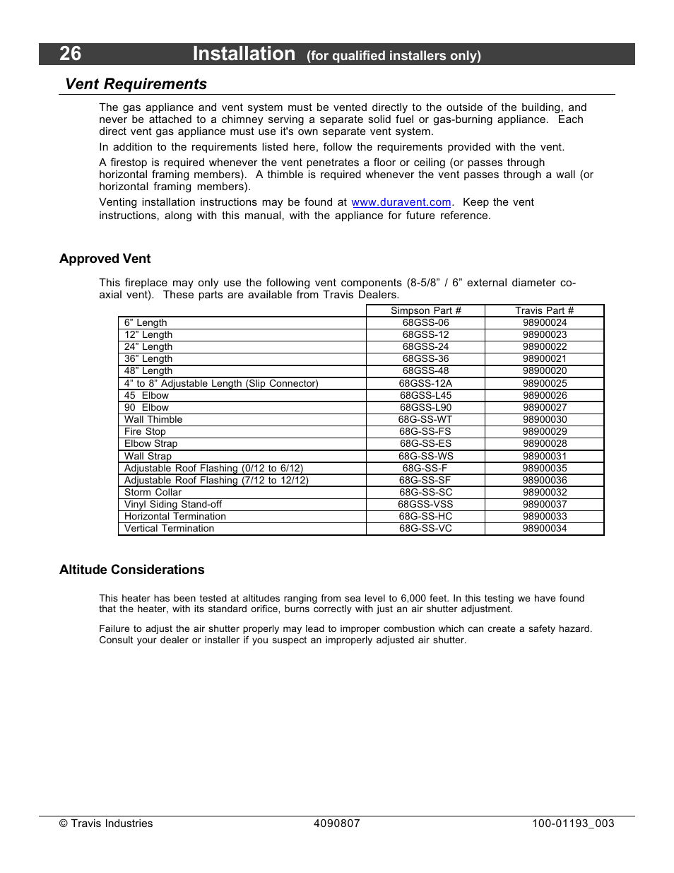 26 installation, Vent requirements | Avalon Firestyles 1080 CF Installation User Manual | Page 26 / 60