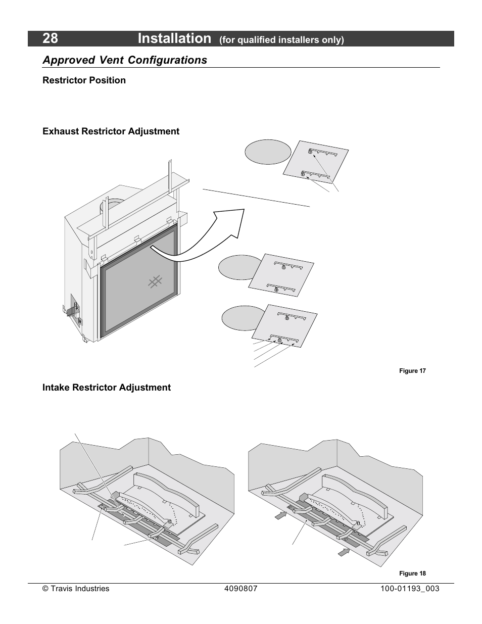 28 installation, Approved vent configurations, For qualified installers only) | Restrictor position, Exhaust restrictor adjustment, Intake restrictor adjustment | Avalon Firestyles 1080 CF Installation User Manual | Page 28 / 60