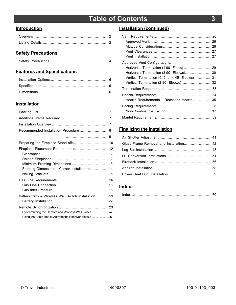 Table of contents 3 | Avalon Firestyles 1080 CF Installation User Manual | Page 3 / 60