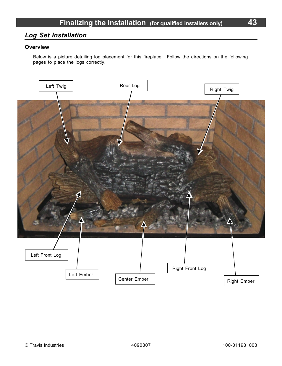 Finalizing the installation, Log set installation | Avalon Firestyles 1080 CF Installation User Manual | Page 43 / 60