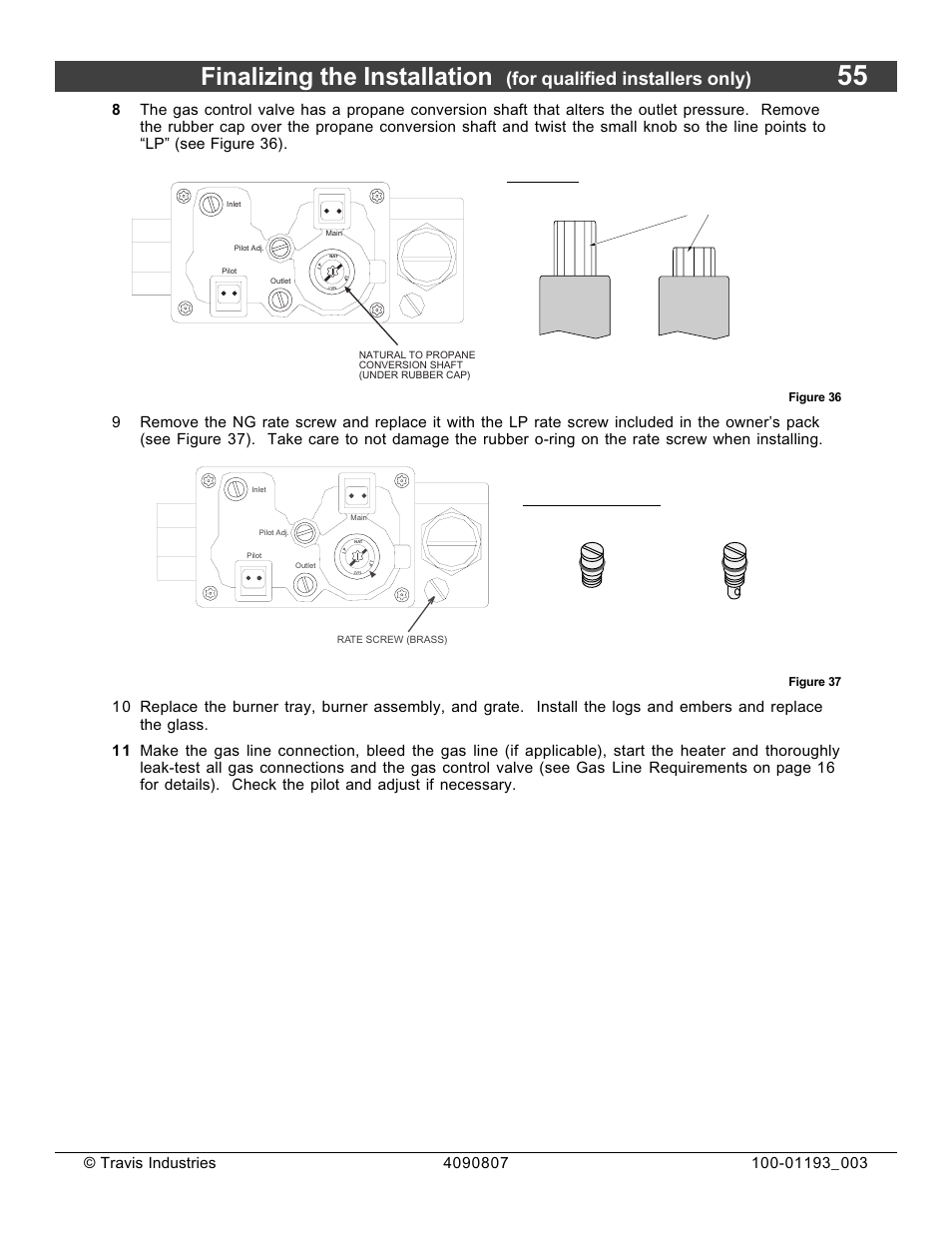 Finalizing the installation, Lp (propane) ng (natural gas) rate screws, For qualified installers only) | Avalon Firestyles 1080 CF Installation User Manual | Page 55 / 60