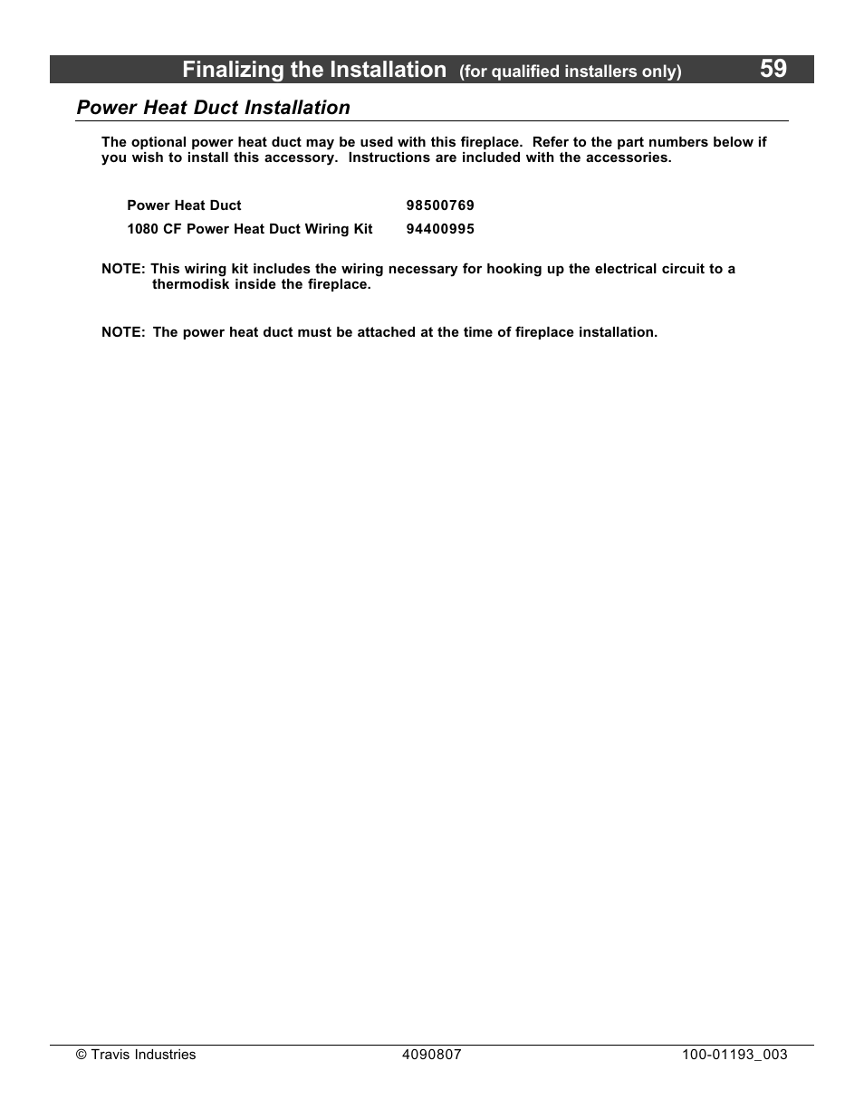 Finalizing the installation, Power heat duct installation | Avalon Firestyles 1080 CF Installation User Manual | Page 59 / 60