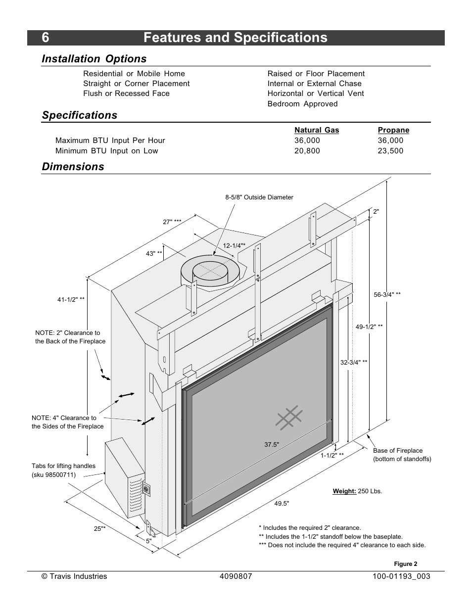 6features and specifications, Installation options, Specifications | Dimensions | Avalon Firestyles 1080 CF Installation User Manual | Page 6 / 60
