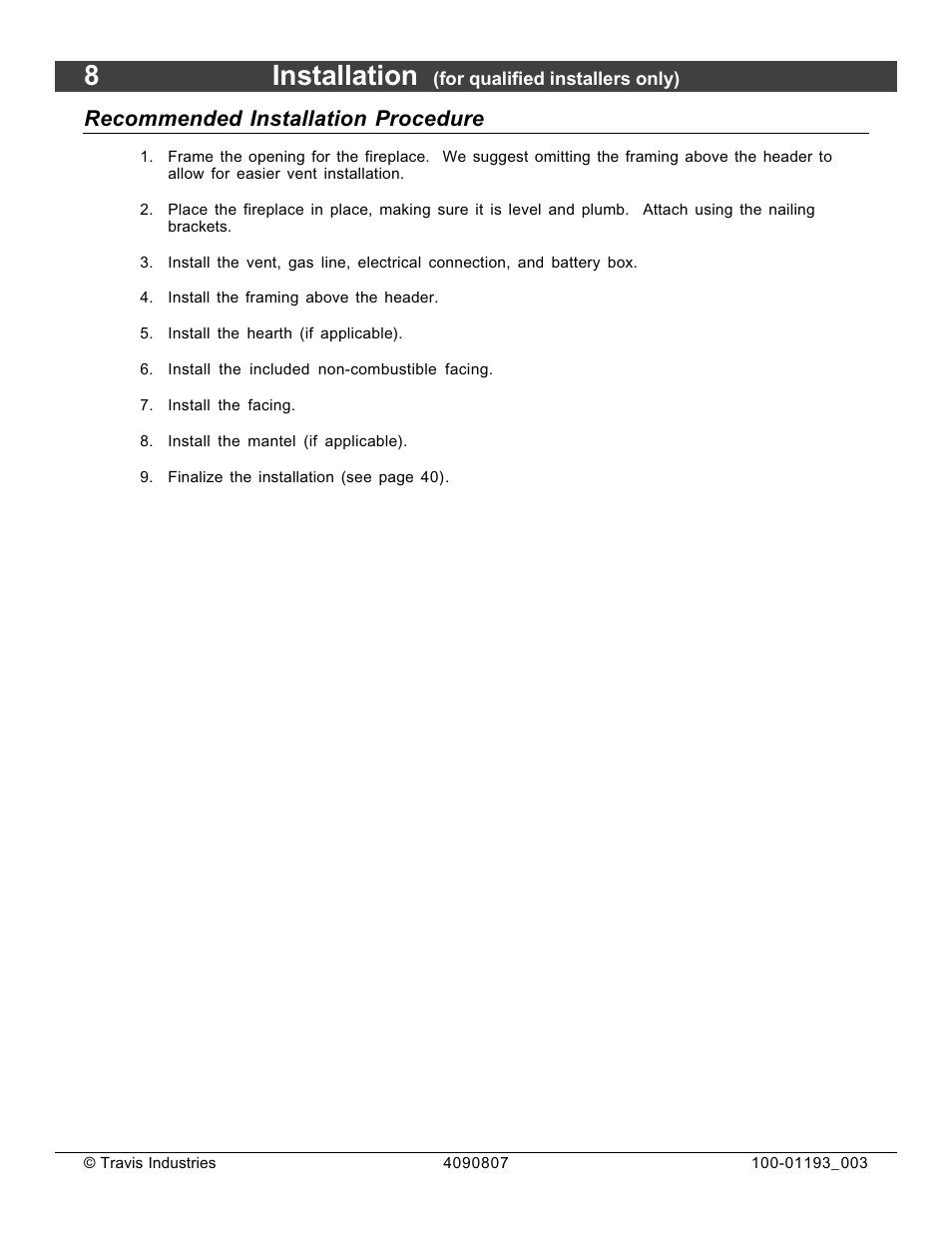 8installation, Recommended installation procedure | Avalon Firestyles 1080 CF Installation User Manual | Page 8 / 60