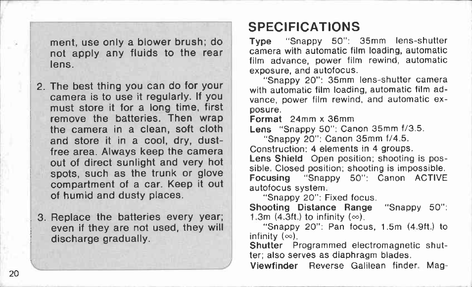 Shooting distance, Sncflfuf, Stulfljiy 20 | Canon Snappy 50/20 User Manual | Page 20 / 35
