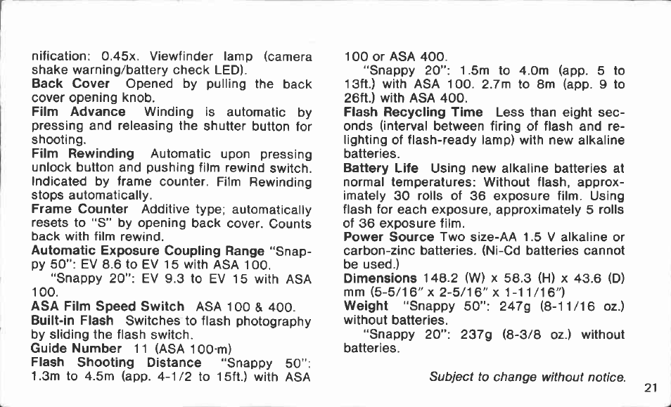 Flash shooting distance range, Snoilfiy 20 | Canon Snappy 50/20 User Manual | Page 23 / 35