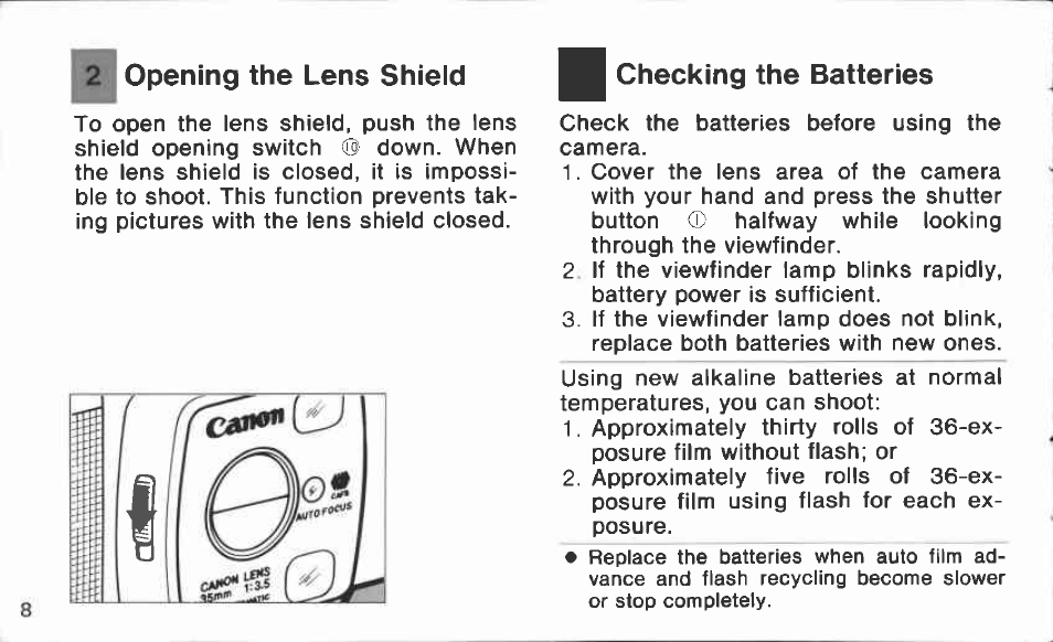Loading the batteries | Canon Snappy 50/20 User Manual | Page 8 / 35