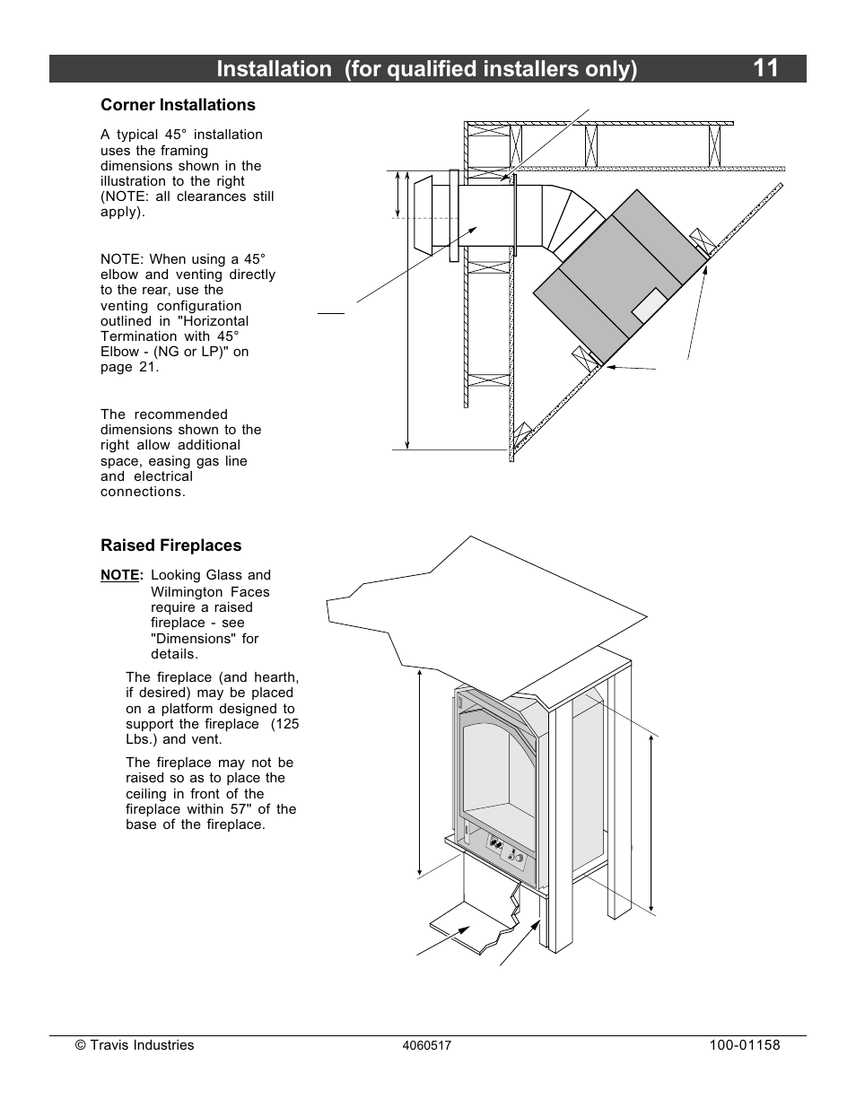 Installation (for qualified installers only), Corner installations, Raised fireplaces | Avalon Firestyles 21 DV RV User Manual | Page 11 / 54