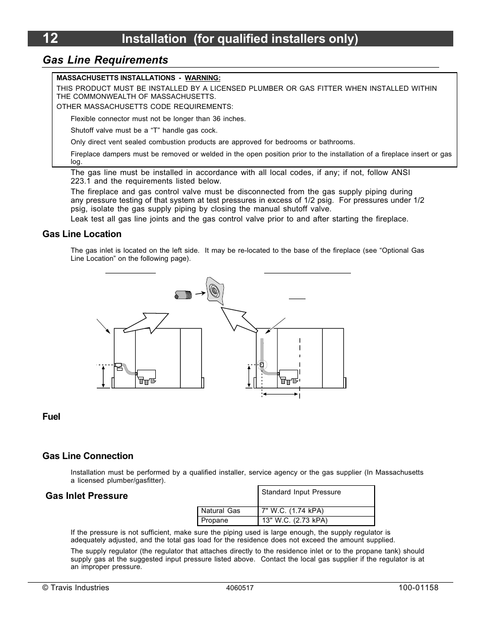 Installation (for qualified installers only), Gas line requirements, Gas line location | Fuel, Gas line connection, Gas inlet pressure | Avalon Firestyles 21 DV RV User Manual | Page 12 / 54