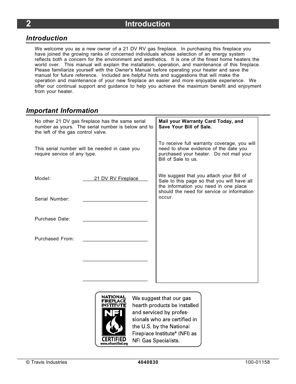 Introduction, Important information | Avalon Firestyles 21 DV RV User Manual | Page 2 / 54
