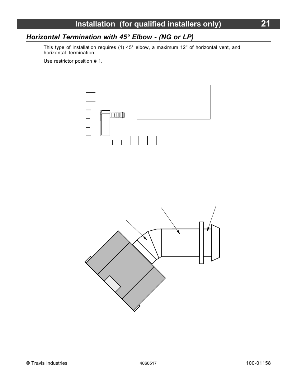 Installation (for qualified installers only), Horizontal termination with 45° elbow - (ng or lp) | Avalon Firestyles 21 DV RV User Manual | Page 21 / 54