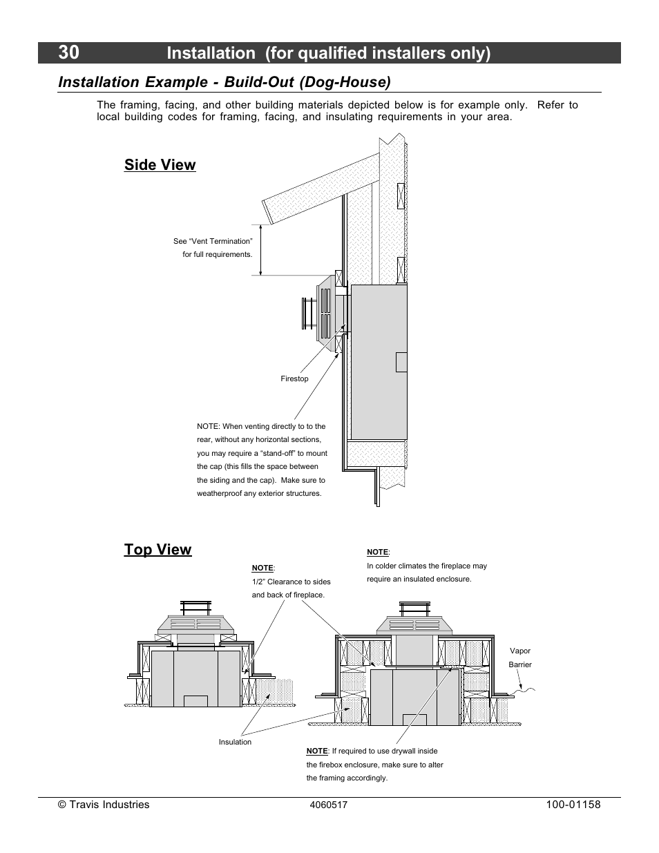 Installation (for qualified installers only), Top view side view, Installation example - build-out (dog-house) | Avalon Firestyles 21 DV RV User Manual | Page 30 / 54