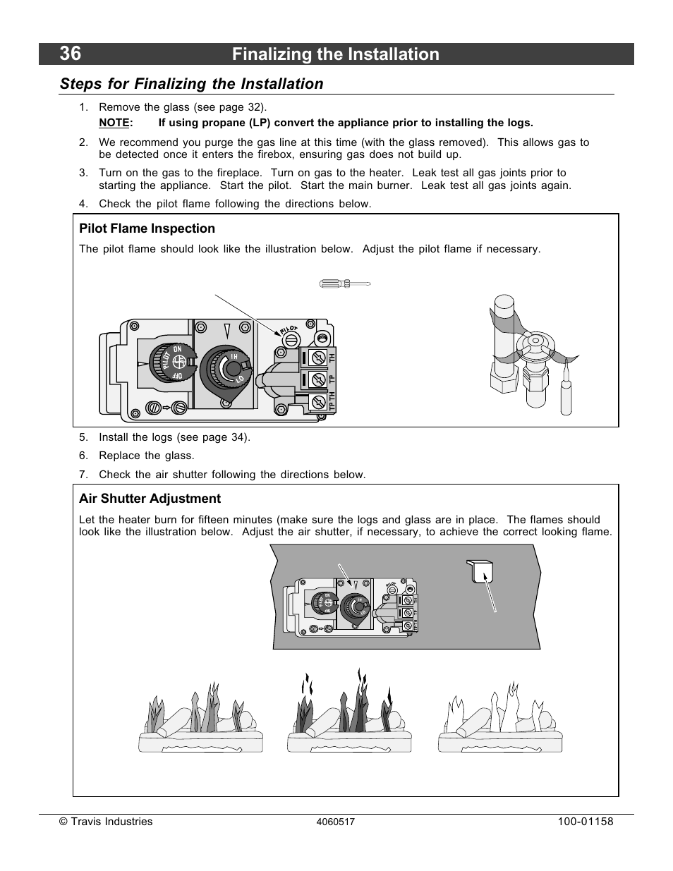 Finalizing the installation, Steps for finalizing the installation, Pilot flame inspection | Air shutter adjustment | Avalon Firestyles 21 DV RV User Manual | Page 36 / 54