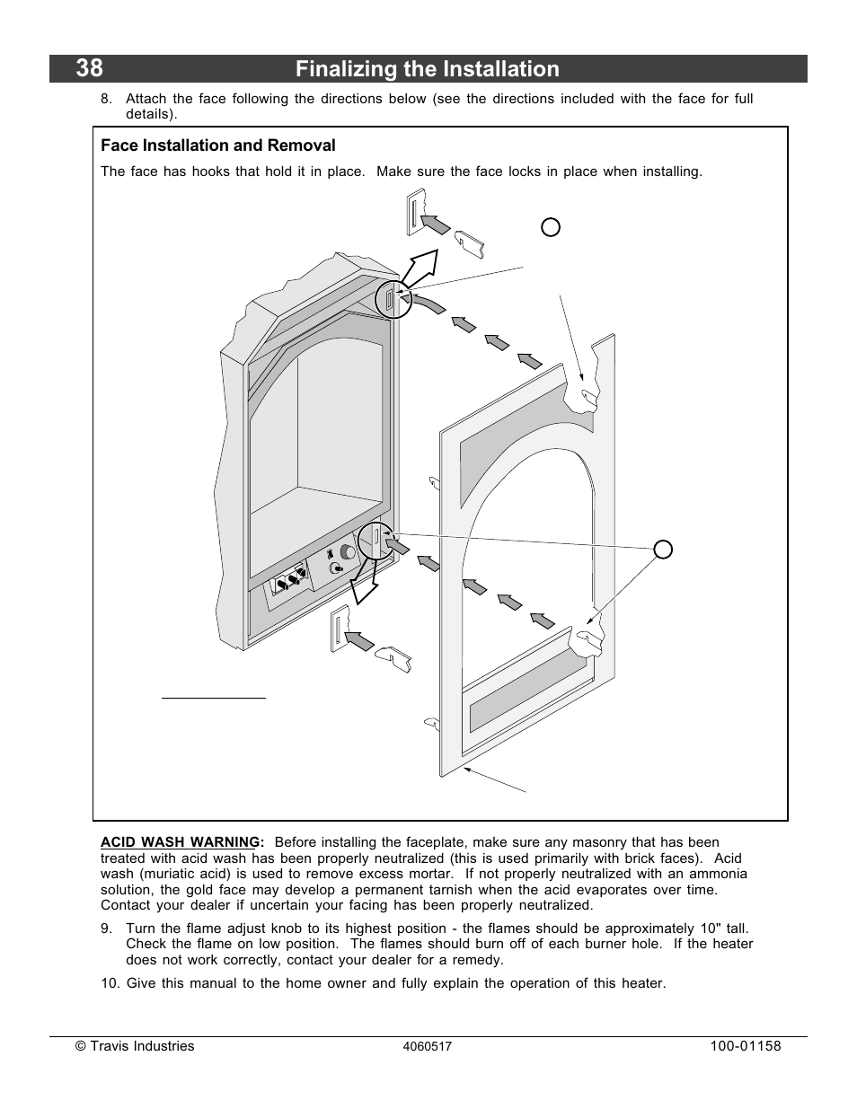 Finalizing the installation, Face installation and removal | Avalon Firestyles 21 DV RV User Manual | Page 38 / 54