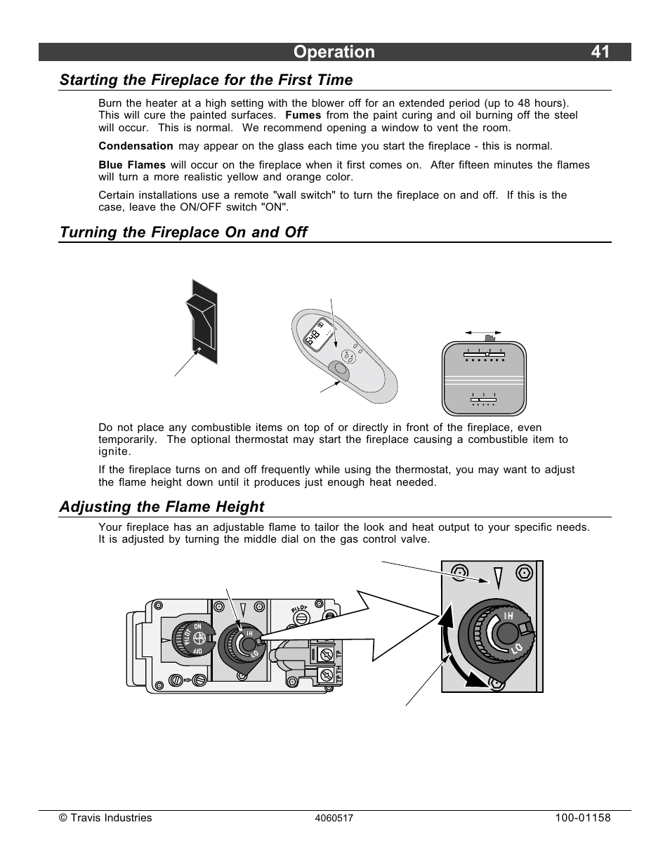 Operation 41, Starting the fireplace for the first time, Turning the fireplace on and off | Adjusting the flame height | Avalon Firestyles 21 DV RV User Manual | Page 41 / 54