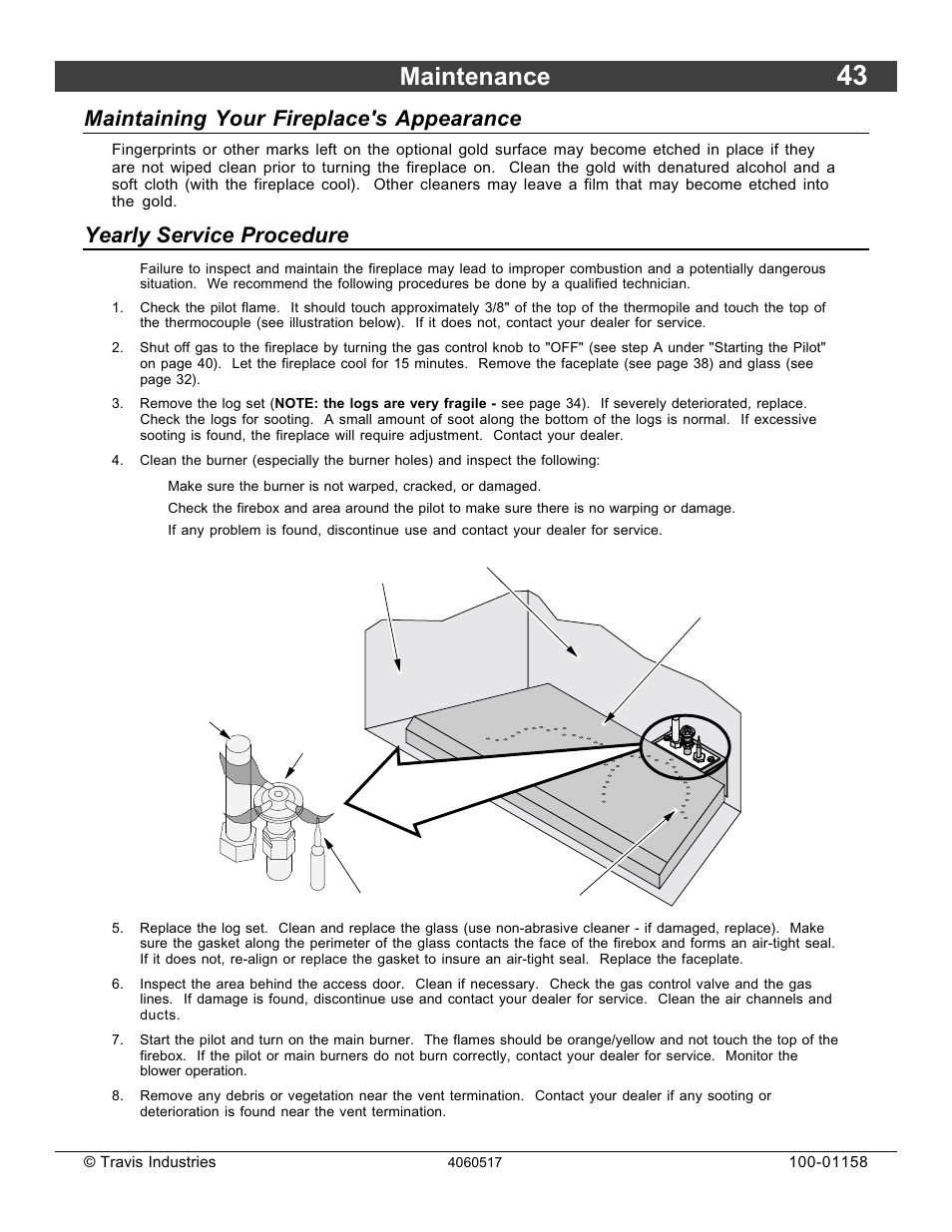 Maintenance, Maintaining your fireplace's appearance, Yearly service procedure | Avalon Firestyles 21 DV RV User Manual | Page 43 / 54