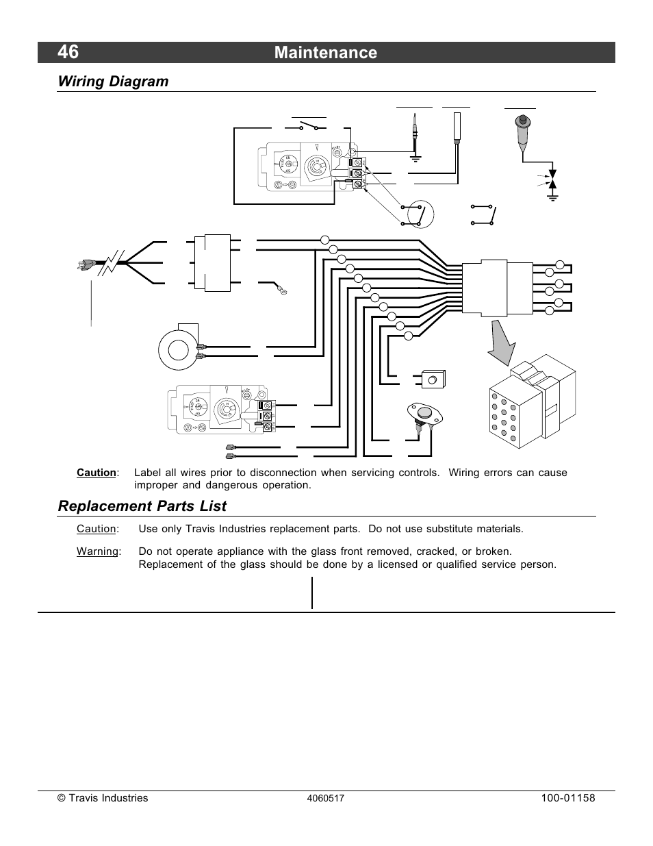 Maintenance, Wiring diagram, Replacement parts list | Travis industries | Avalon Firestyles 21 DV RV User Manual | Page 46 / 54