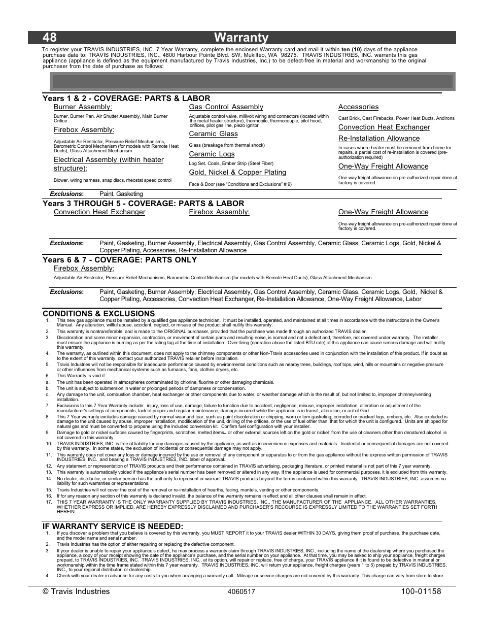 48 warranty, Travis industries, Years 1 & 2 - coverage: parts & labor | Years 3 through 5 - coverage: parts & labor, Years 6 & 7 - coverage: parts only, Conditions & exclusions, If warranty service is needed | Avalon Firestyles 21 DV RV User Manual | Page 48 / 54