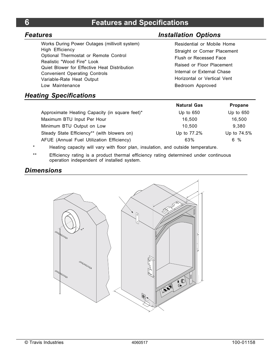 Features and specifications, Features, Installation options | Heating specifications, Dimensions | Avalon Firestyles 21 DV RV User Manual | Page 6 / 54