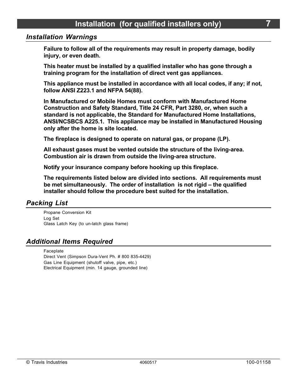 Installation (for qualified installers only), Installation warnings, Packing list | Additional items required | Avalon Firestyles 21 DV RV User Manual | Page 7 / 54