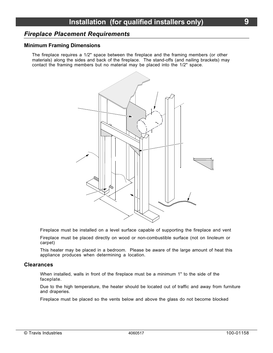 Installation (for qualified installers only), Fireplace placement requirements, Minimum framing dimensions | Clearances | Avalon Firestyles 21 DV RV User Manual | Page 9 / 54