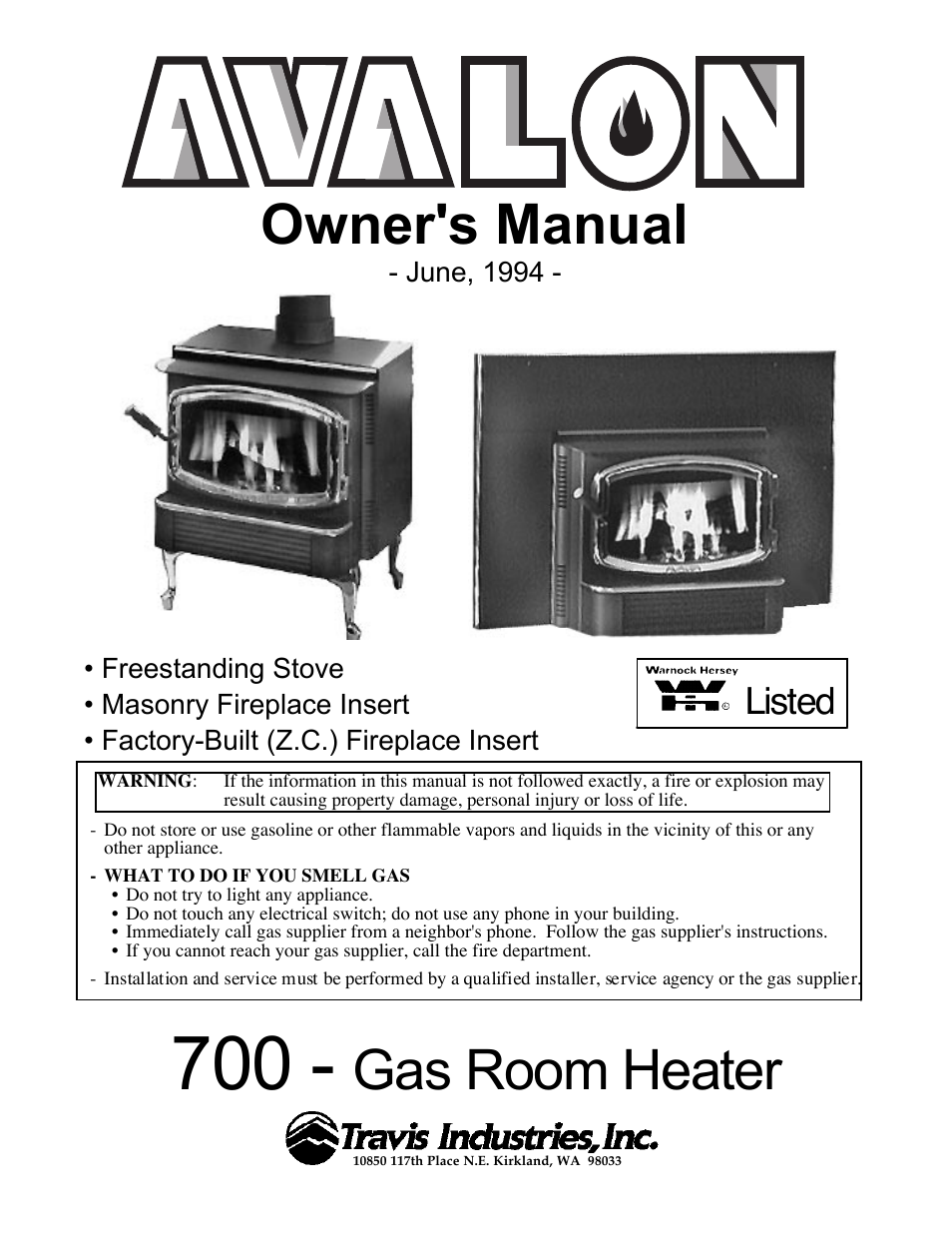 Avalon Firestyles 700 B-Vent-1994 User Manual | 38 pages