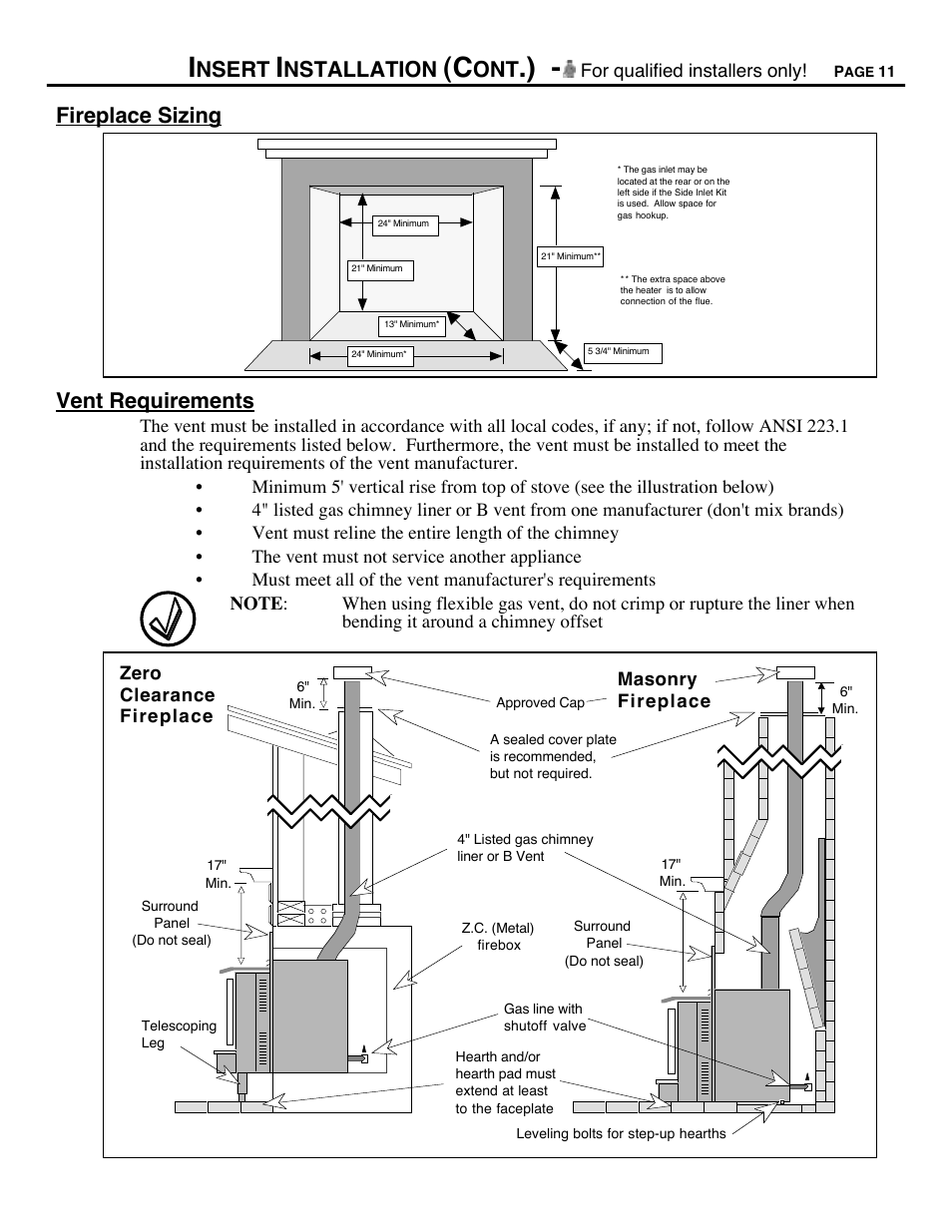 Nsert, Nstallation, Fireplace sizing | Vent requirements | Avalon Firestyles 700 B-Vent-1994 User Manual | Page 11 / 38