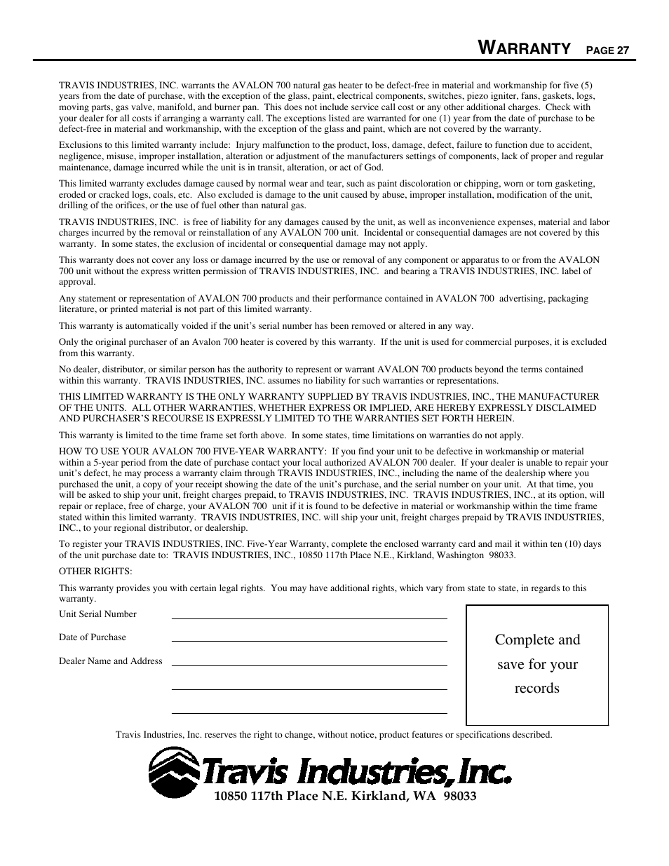 Arranty, Complete and, Save for your | Records | Avalon Firestyles 700 B-Vent-1994 User Manual | Page 27 / 38