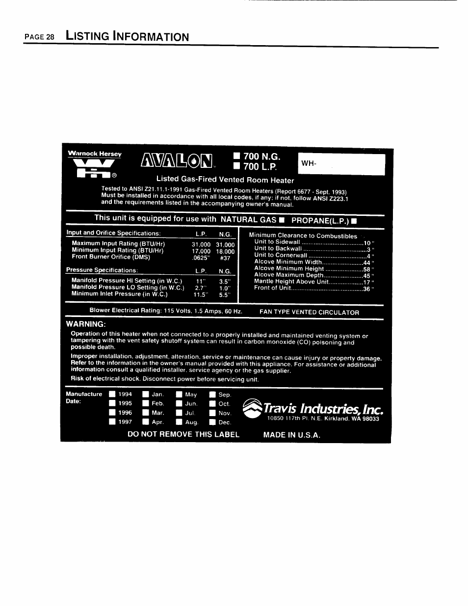 Avalon Firestyles 700 B-Vent-1994 User Manual | Page 28 / 38