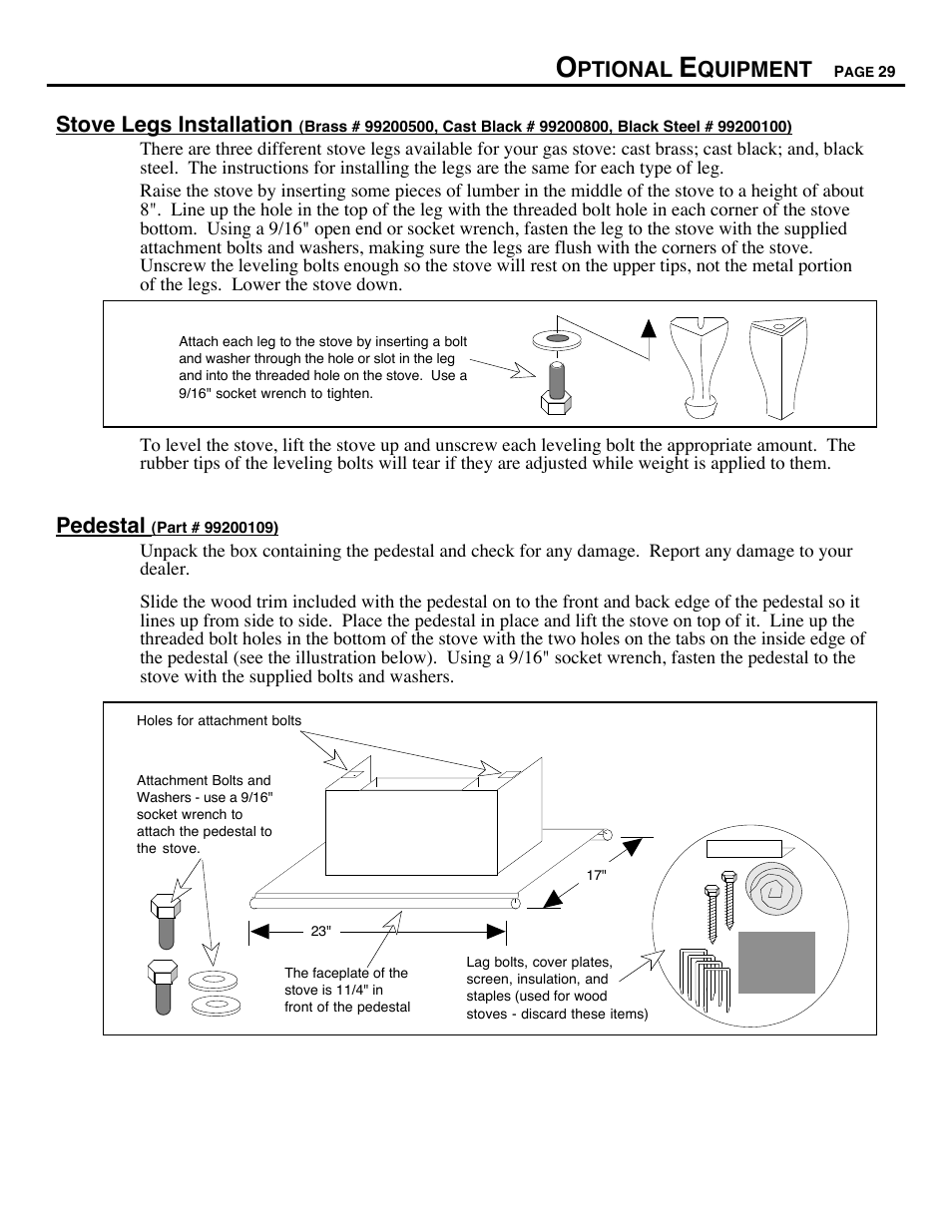 Ptional, Quipment, Stove legs installation | Pedestal | Avalon Firestyles 700 B-Vent-1994 User Manual | Page 29 / 38