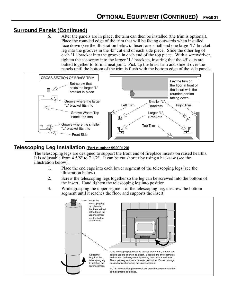 Ptional, Quipment, Ontinued | Surround panels (continued), Telescoping leg installation | Avalon Firestyles 700 B-Vent-1994 User Manual | Page 31 / 38