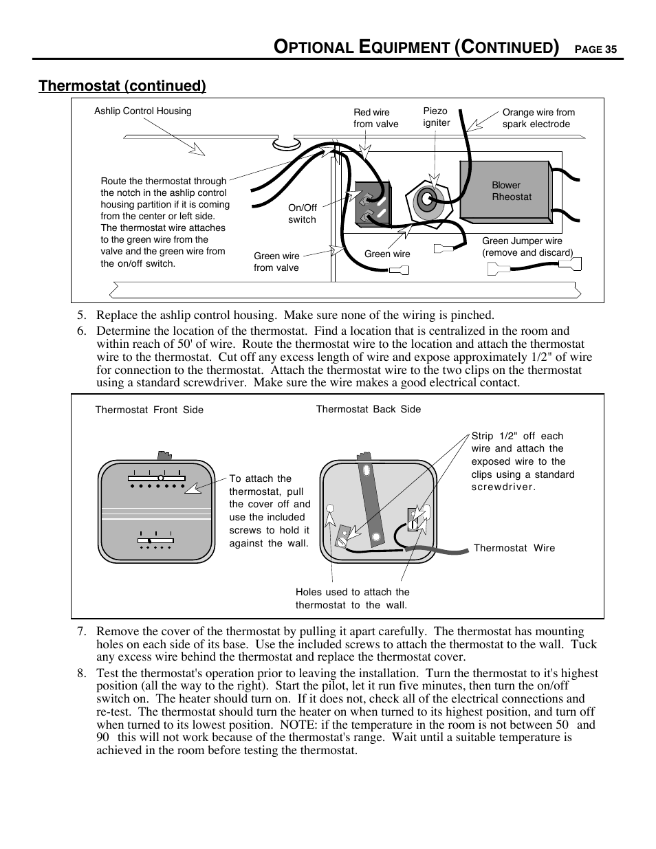 Ptional, Quipment, Ontinued | Thermostat (continued) | Avalon Firestyles 700 B-Vent-1994 User Manual | Page 35 / 38