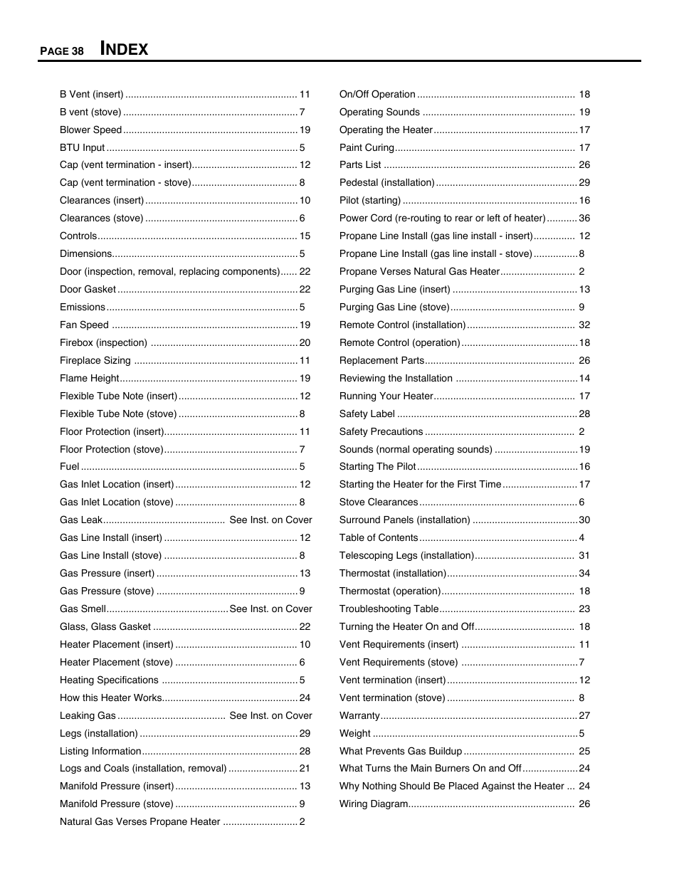 Ndex | Avalon Firestyles 700 B-Vent-1994 User Manual | Page 38 / 38
