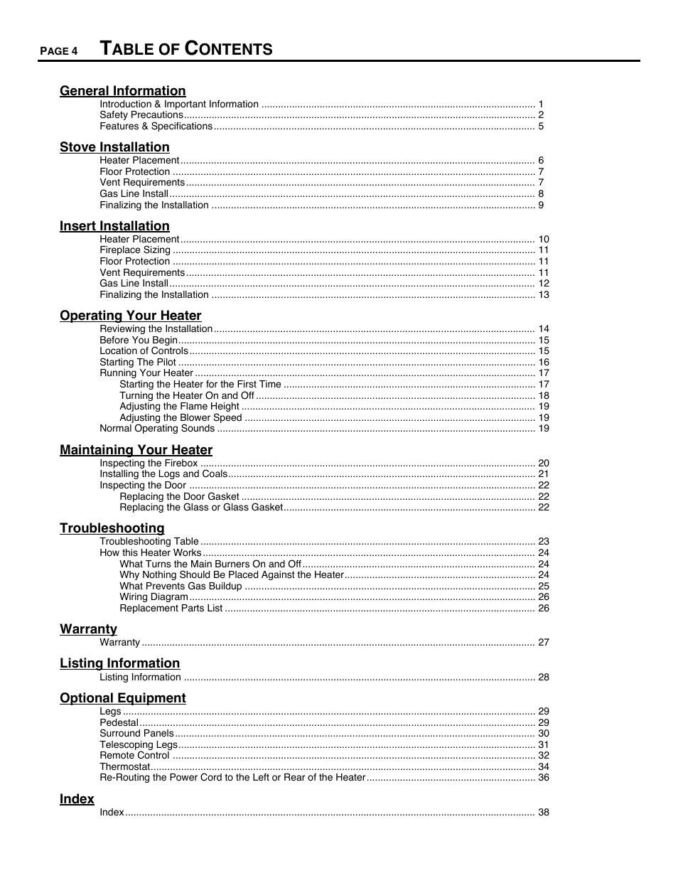Able of, Ontents | Avalon Firestyles 700 B-Vent-1994 User Manual | Page 4 / 38