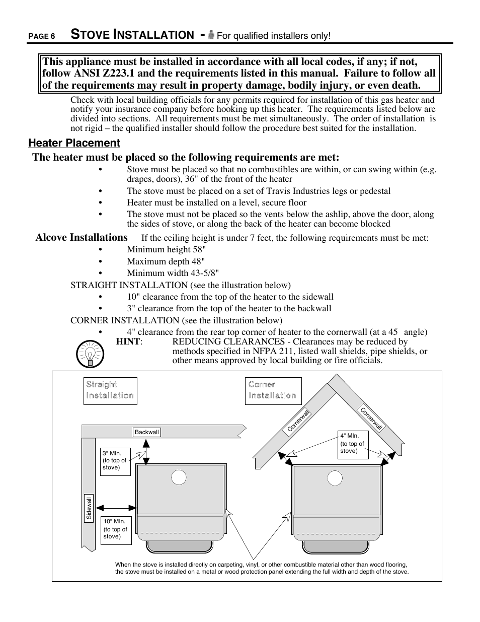 Tove, Nstallation, Alcove installations | Avalon Firestyles 700 B-Vent-1994 User Manual | Page 6 / 38