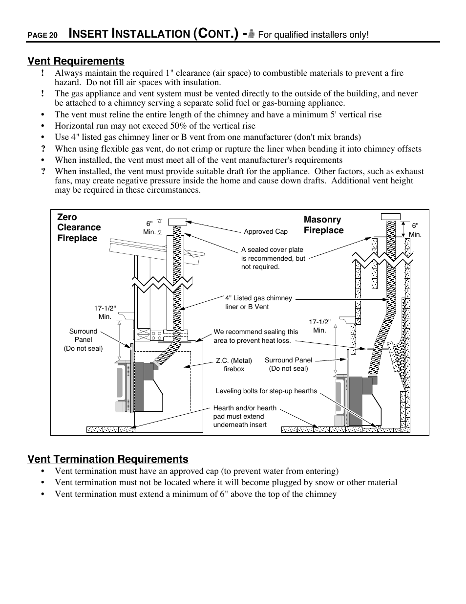 Nsert, Nstallation, Vent requirements | Vent termination requirements | Avalon Firestyles B-Vent-1995 User Manual | Page 20 / 42