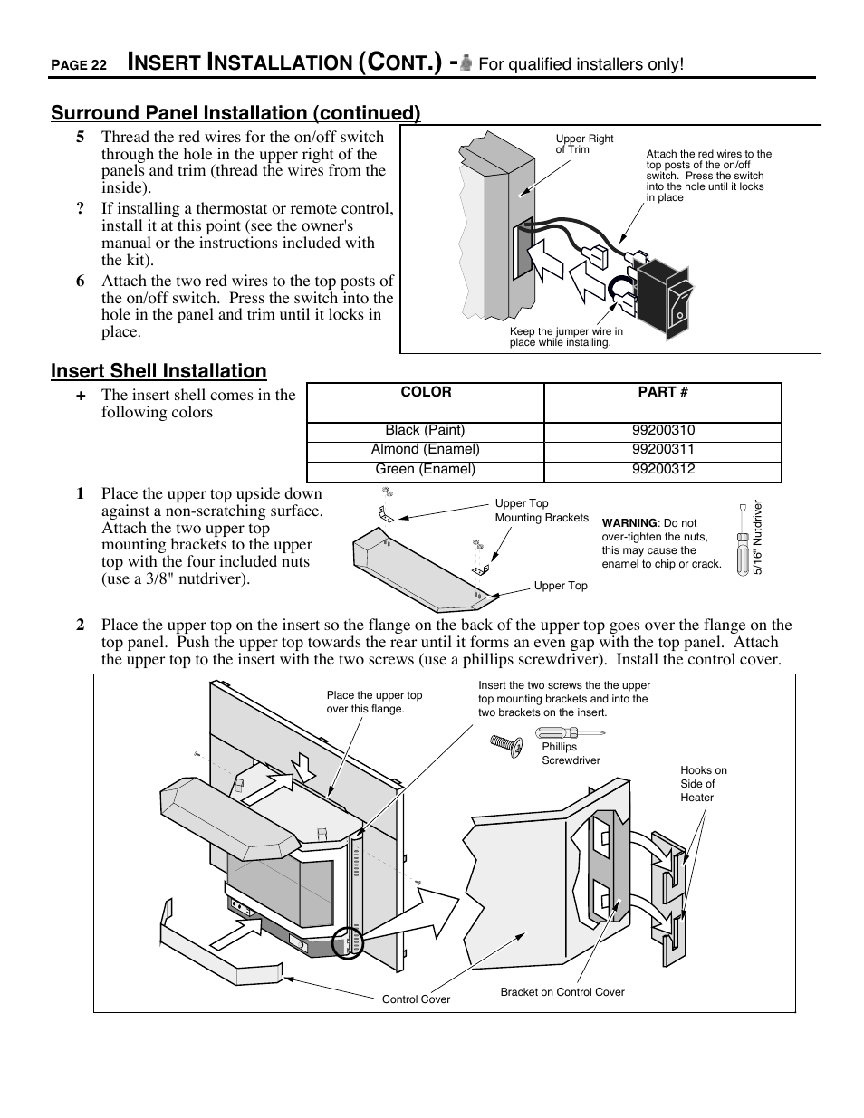 Nsert, Nstallation, Surround panel installation (continued) | Insert shell installation | Avalon Firestyles B-Vent-1995 User Manual | Page 22 / 42