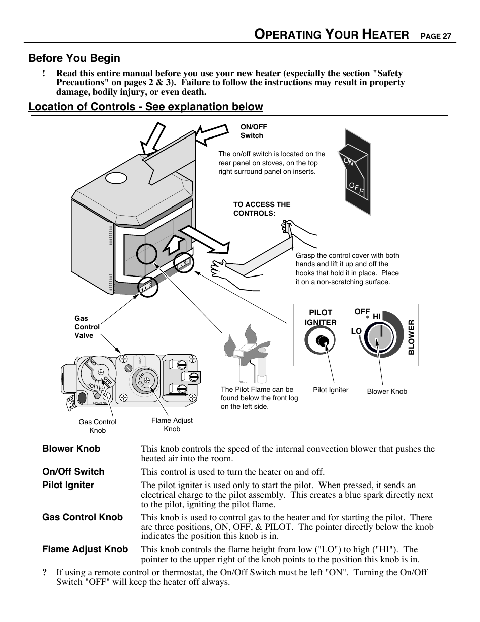 Perating, Eater, Before you begin | Location of controls - see explanation below | Avalon Firestyles B-Vent-1995 User Manual | Page 27 / 42