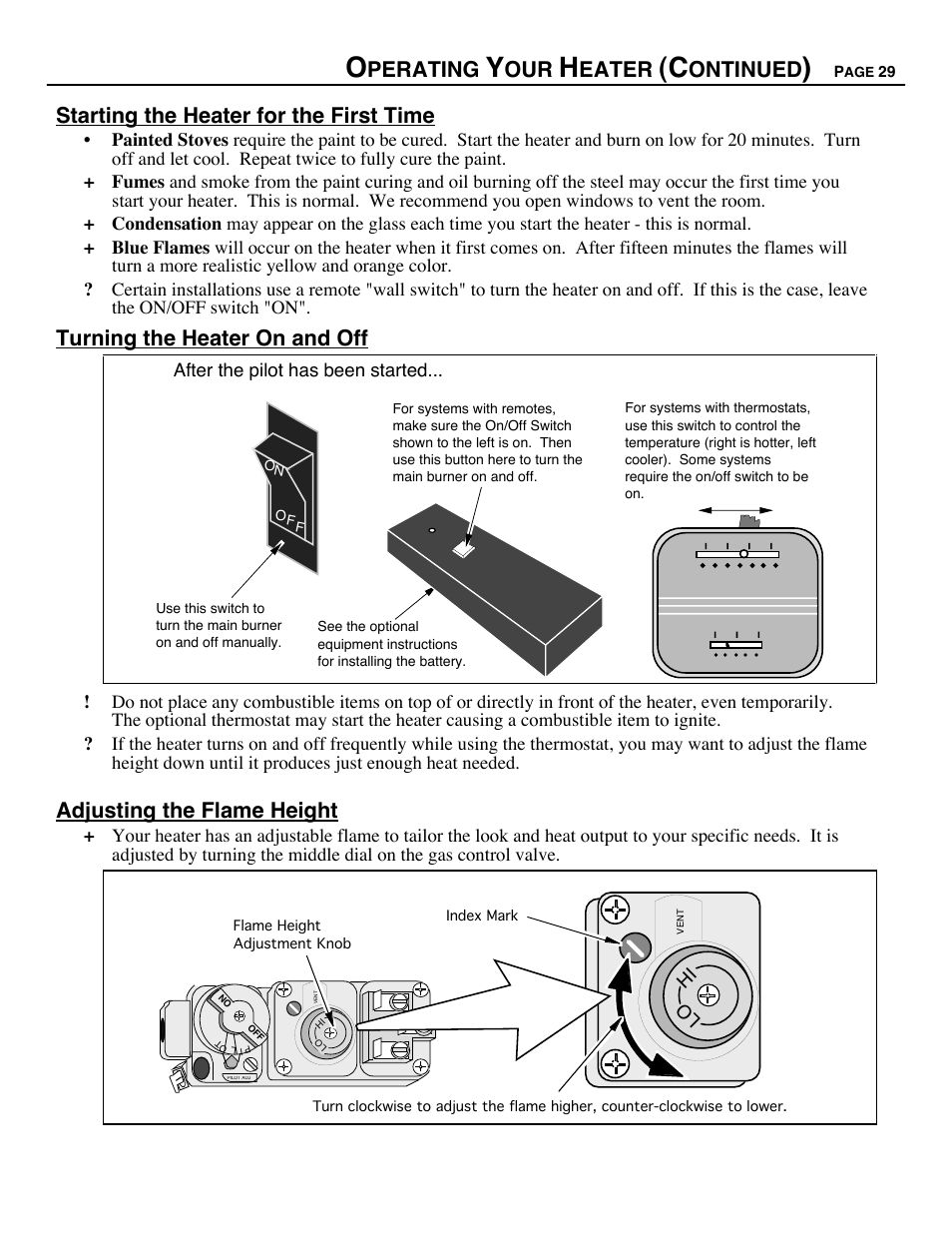 Perating, Eater, Ontinued | Starting the heater for the first time, Turning the heater on and off, Adjusting the flame height | Avalon Firestyles B-Vent-1995 User Manual | Page 29 / 42