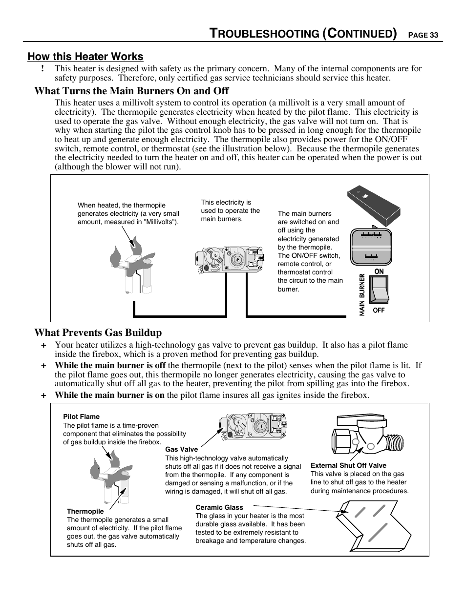 Roubleshooting, Ontinued, How this heater works | What turns the main burners on and off, What prevents gas buildup | Avalon Firestyles B-Vent-1995 User Manual | Page 33 / 42