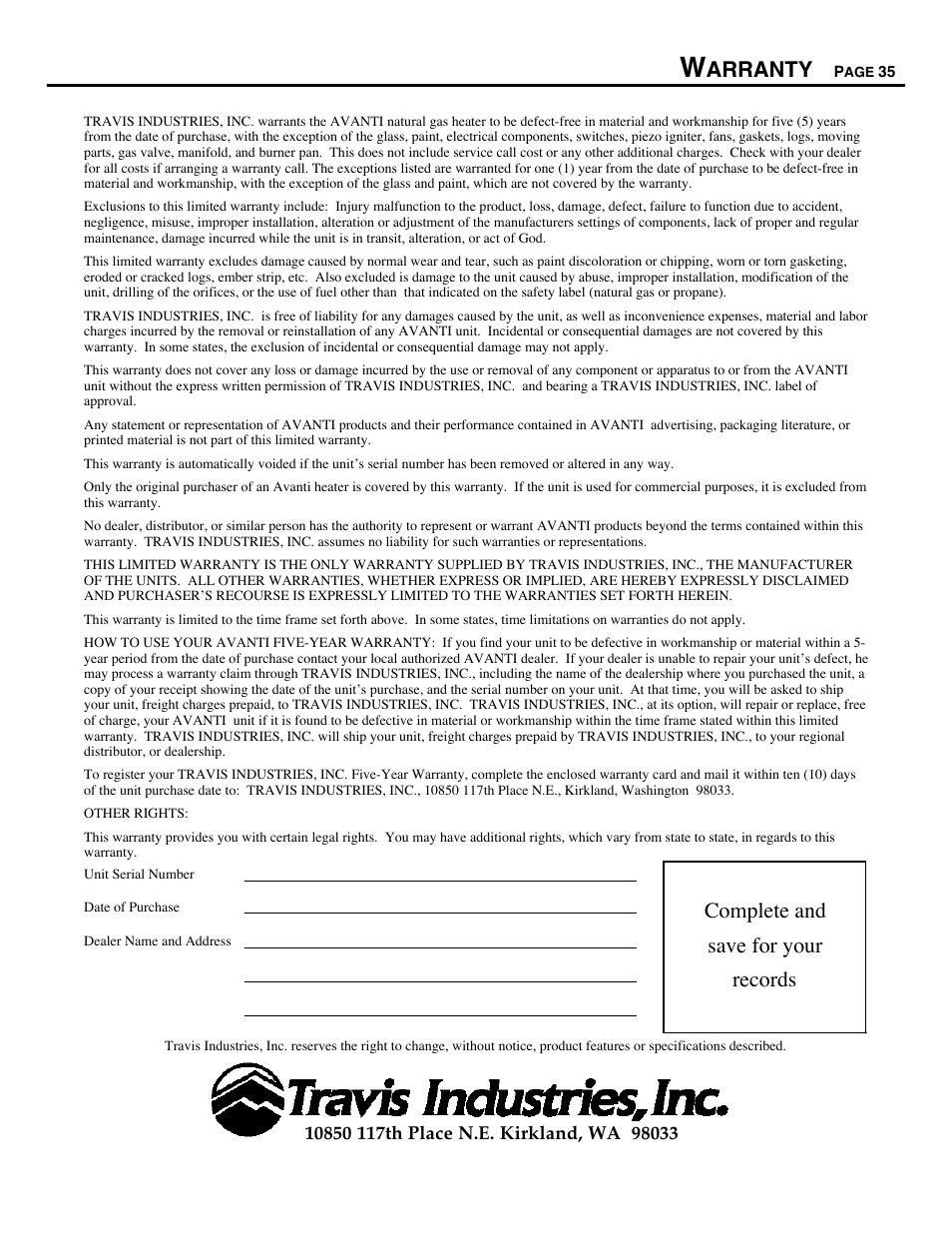 Arranty, Complete and, Save for your | Records | Avalon Firestyles B-Vent-1995 User Manual | Page 35 / 42