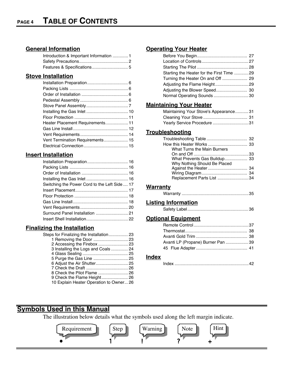 Able of, Ontents, Symbols used in this manual | Avalon Firestyles B-Vent-1995 User Manual | Page 4 / 42