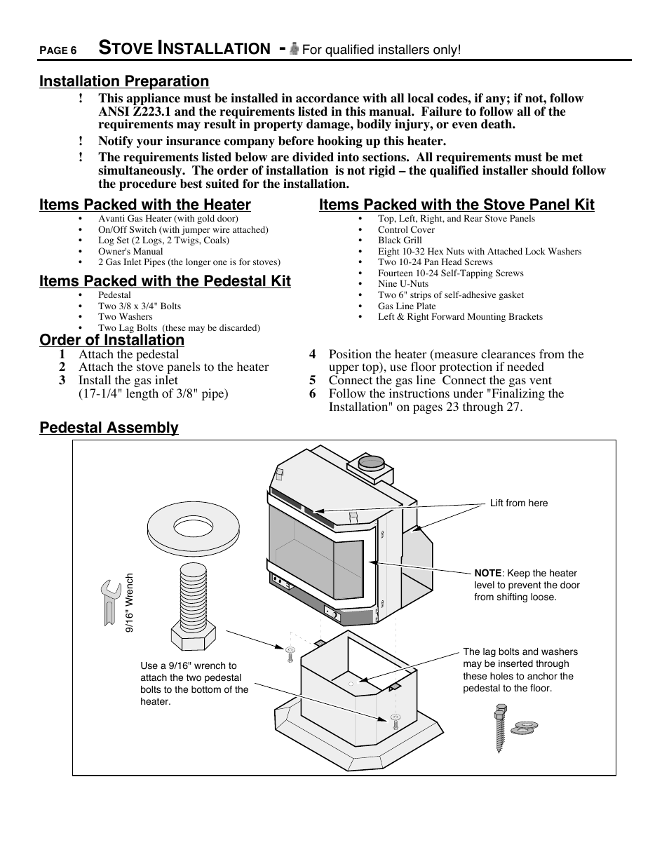 Tove, Nstallation, Installation preparation | Items packed with the heater, Items packed with the pedestal kit, Items packed with the stove panel kit, Order of installation, Pedestal assembly | Avalon Firestyles B-Vent-1995 User Manual | Page 6 / 42