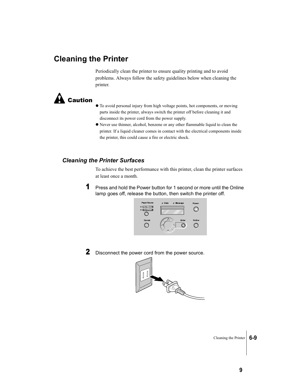 Cleaning the printer, Cleaning the printer surfaces, Cleaning the printer -9 | Cleaning the printer surfaces -9, 9 caution | Canon W8200 User Manual | Page 115 / 196