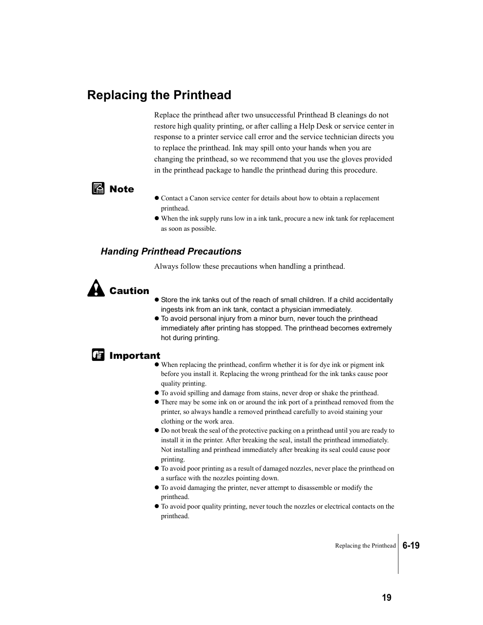 Replacing the printhead, Handing printhead precautions, Replacing the printhead -19 | Handing printhead precautions -19 | Canon W8200 User Manual | Page 125 / 196