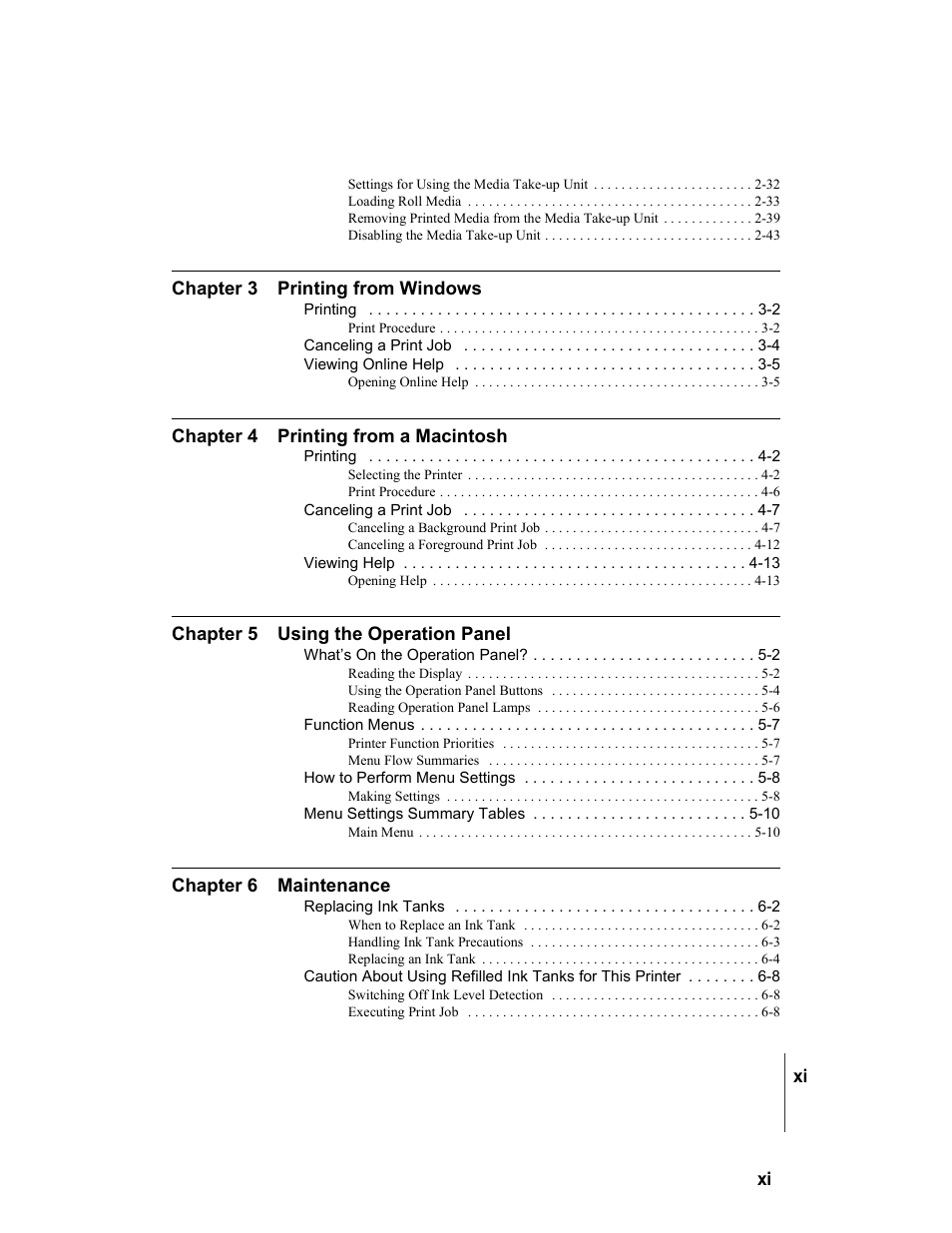 Chapter 3 printing from windows, Chapter 4 printing from a macintosh, Chapter 5 using the operation panel | Chapter 6 maintenance | Canon W8200 User Manual | Page 13 / 196