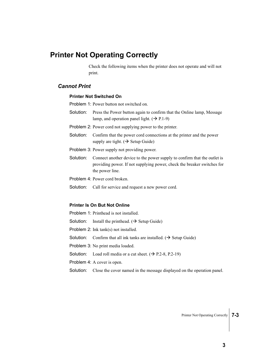 Printer not operating correctly, Cannot print, Printer not operating correctly -3 | Cannot print -3, P.7-3 | Canon W8200 User Manual | Page 135 / 196
